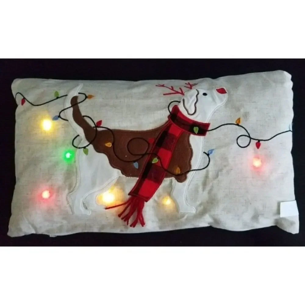 174 Accent Pillow Reindeer Dog Christmas Holiday Blinking Light-Up Buffalo Plaid